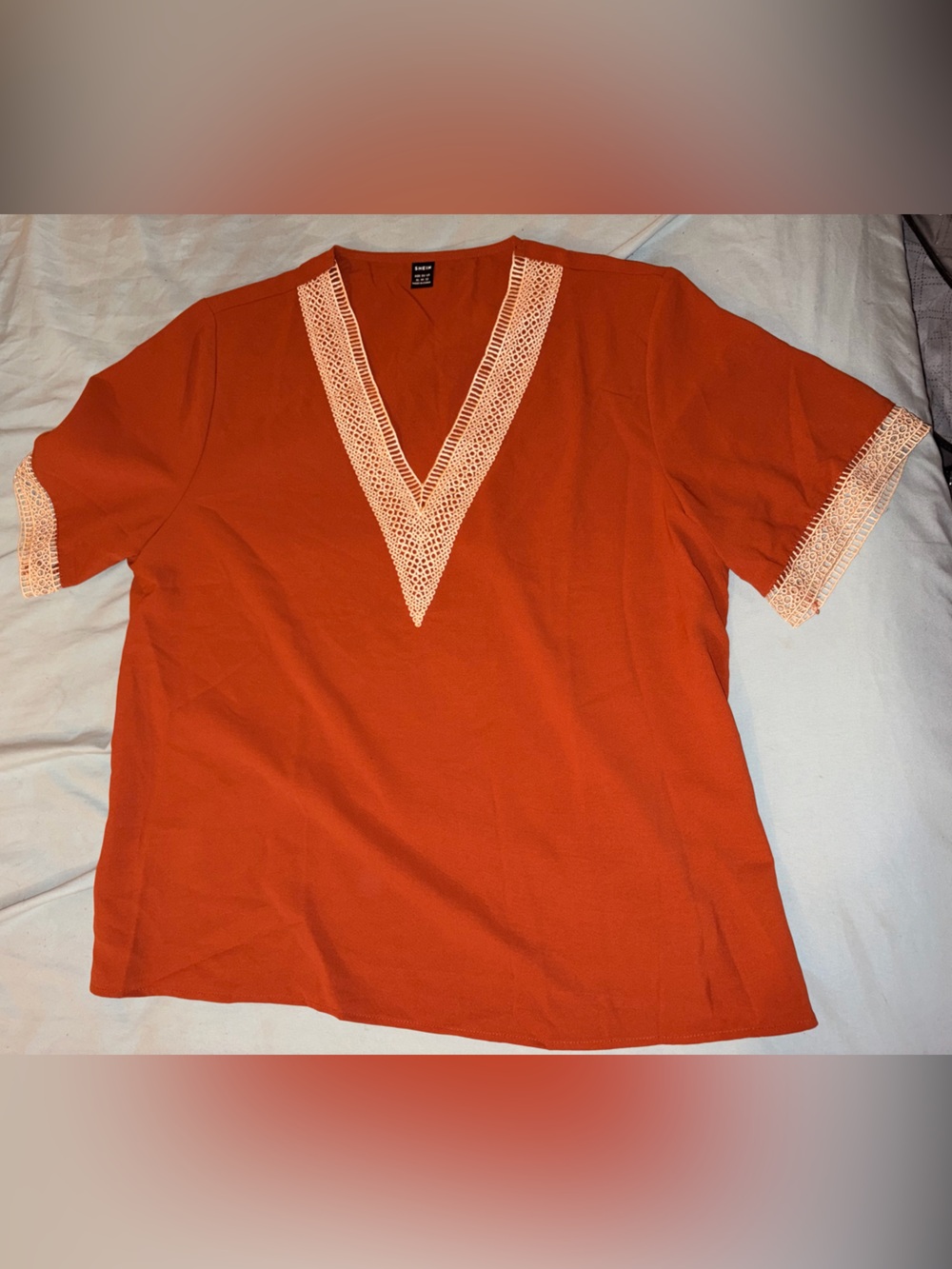 Orange Top with Cream Crochet Trim